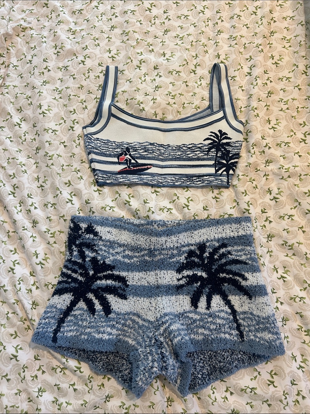 BCBGeneration Blue & White Palm-Print Knit Crop Tank and Shorts Set